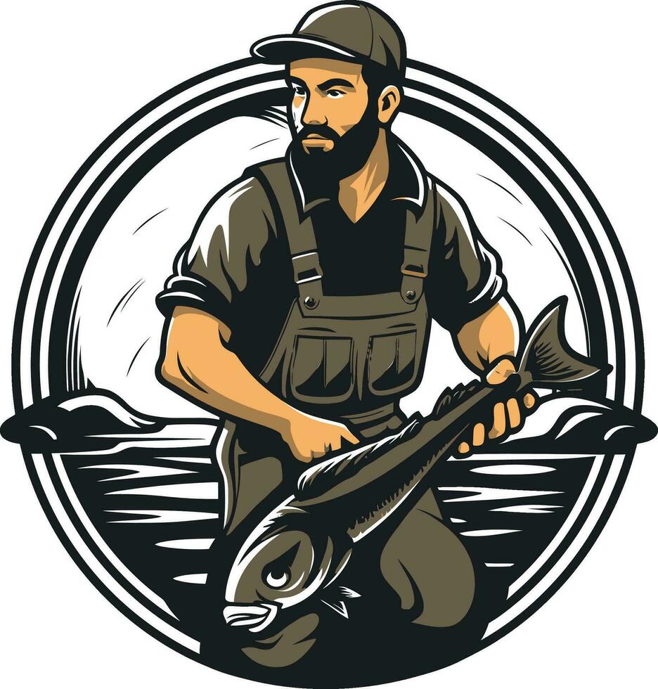 pescador logotipo com floresta fundo conexão e harmonia pescador logotipo com vintage fundo Eterno elegância vetor