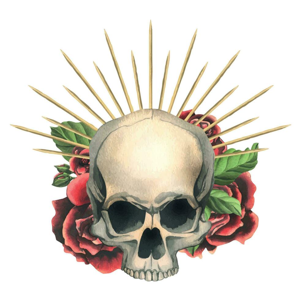 humano crânio com vermelho flores rosa dentro uma dourado coroa com espinhos, raios. mão desenhado aguarela ilustração para dia do a morto, dia das Bruxas, dia de los mortos. isolado objeto em uma branco fundo vetor