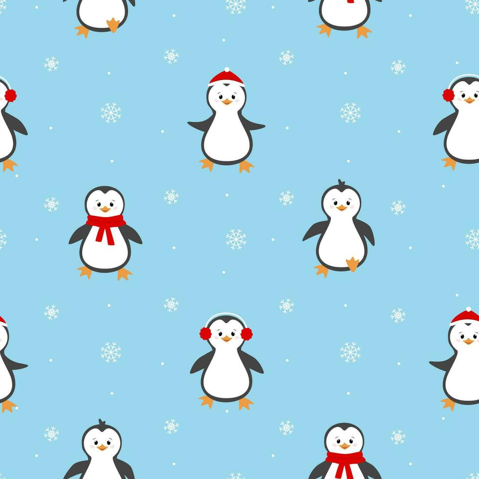 Natal desatado padronizar com pinguins e flocos de neve. fofa pinguim desenho animado ilustração. vetor