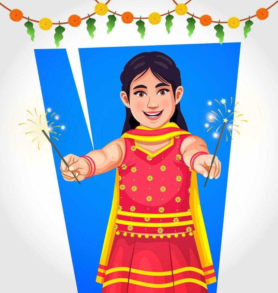fofa indiano menina dentro étnico roupas queimando fuljhadi brilhos biscoitos em a ocasião do festival feliz diwali. diwali celebração cumprimento cartão vetor ilustração personagem Projeto