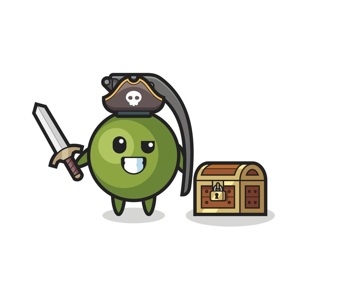 o personagem pirata granada segurando uma espada ao lado de uma caixa de tesouro vetor