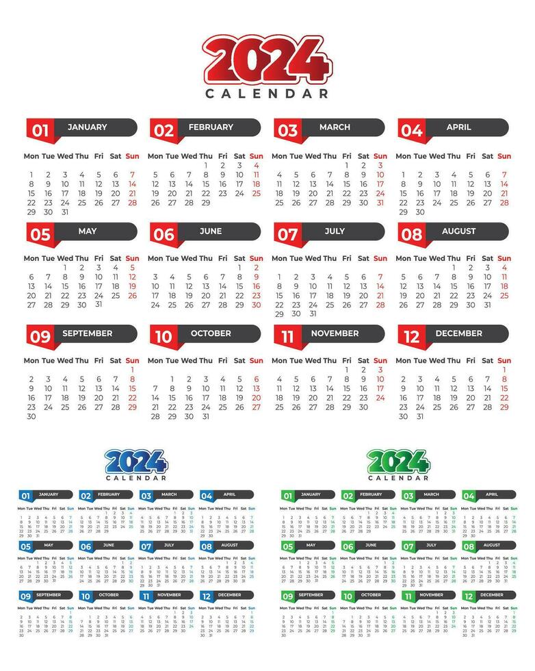 2024 calendário Projeto vetor imagem com 3 cor variantes