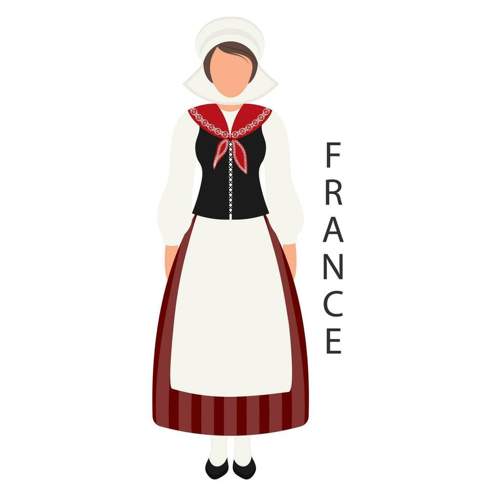 mulher dentro francês nacional tradicional fantasia. cultura e retro tradições do França. ilustração, modelo, vetor