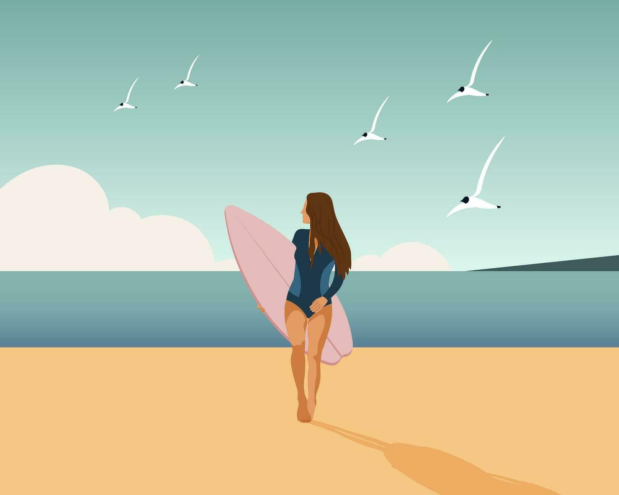 menina surfista em a Beira Mar com uma prancha de surfe em a Beira Mar. Esportes e lazer. ilustração, vetor