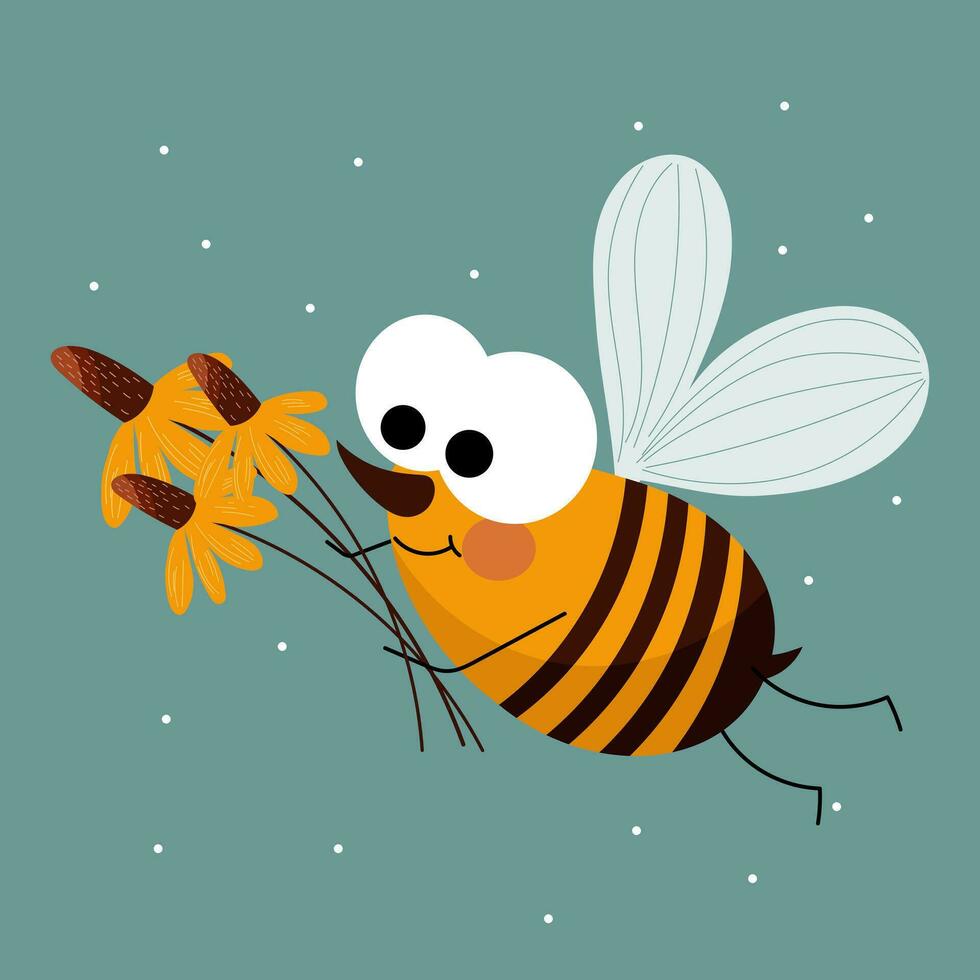 fofa desenho animado abelha com uma ramalhete do flores desenho animado bebê imprimir, crianças quarto decoração. vetor