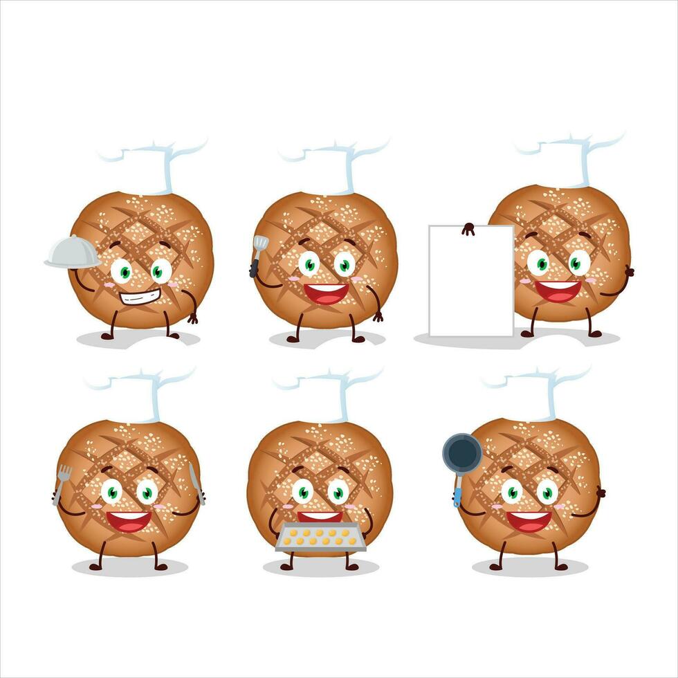 desenho animado personagem do volta Sombrio pão com vários chefe de cozinha emoticons vetor