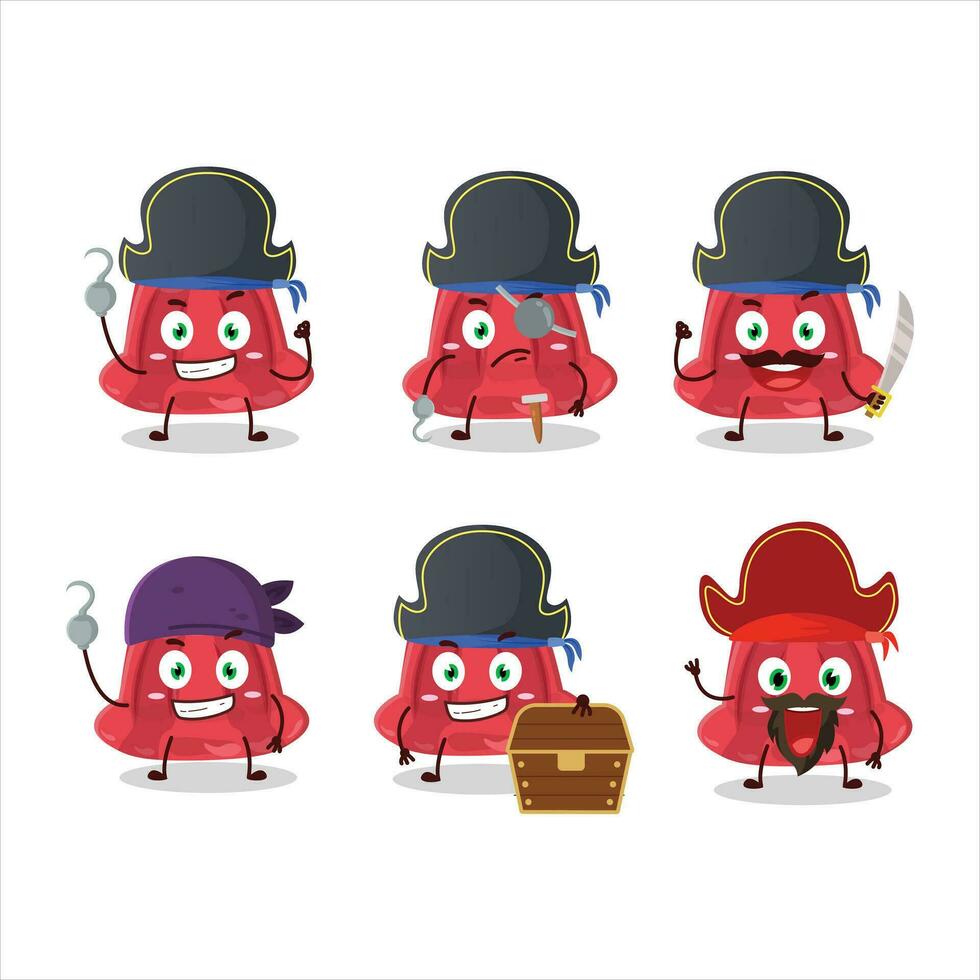 desenho animado personagem do vermelho pudim com vários piratas emoticons vetor