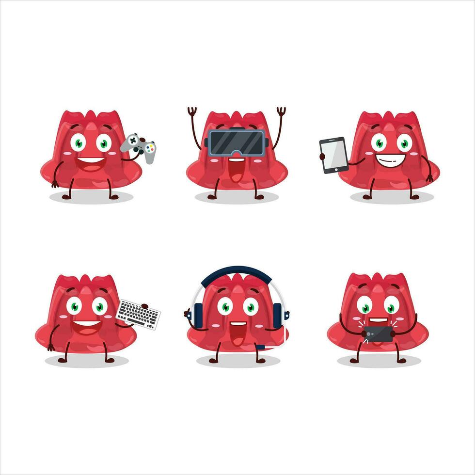 vermelho pudim desenho animado personagem estão jogando jogos com vários fofa emoticons vetor