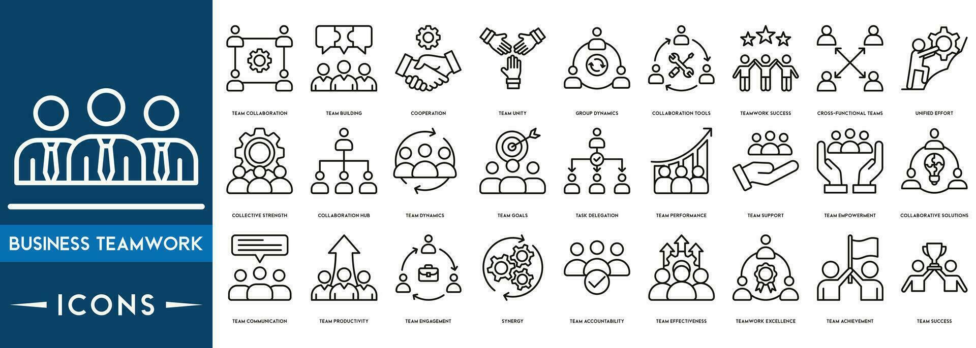 o negócio trabalho em equipe ícone definir. colaboração, equipe prédio, trabalhos grupo e humano recursos. simples vetor ilustração.