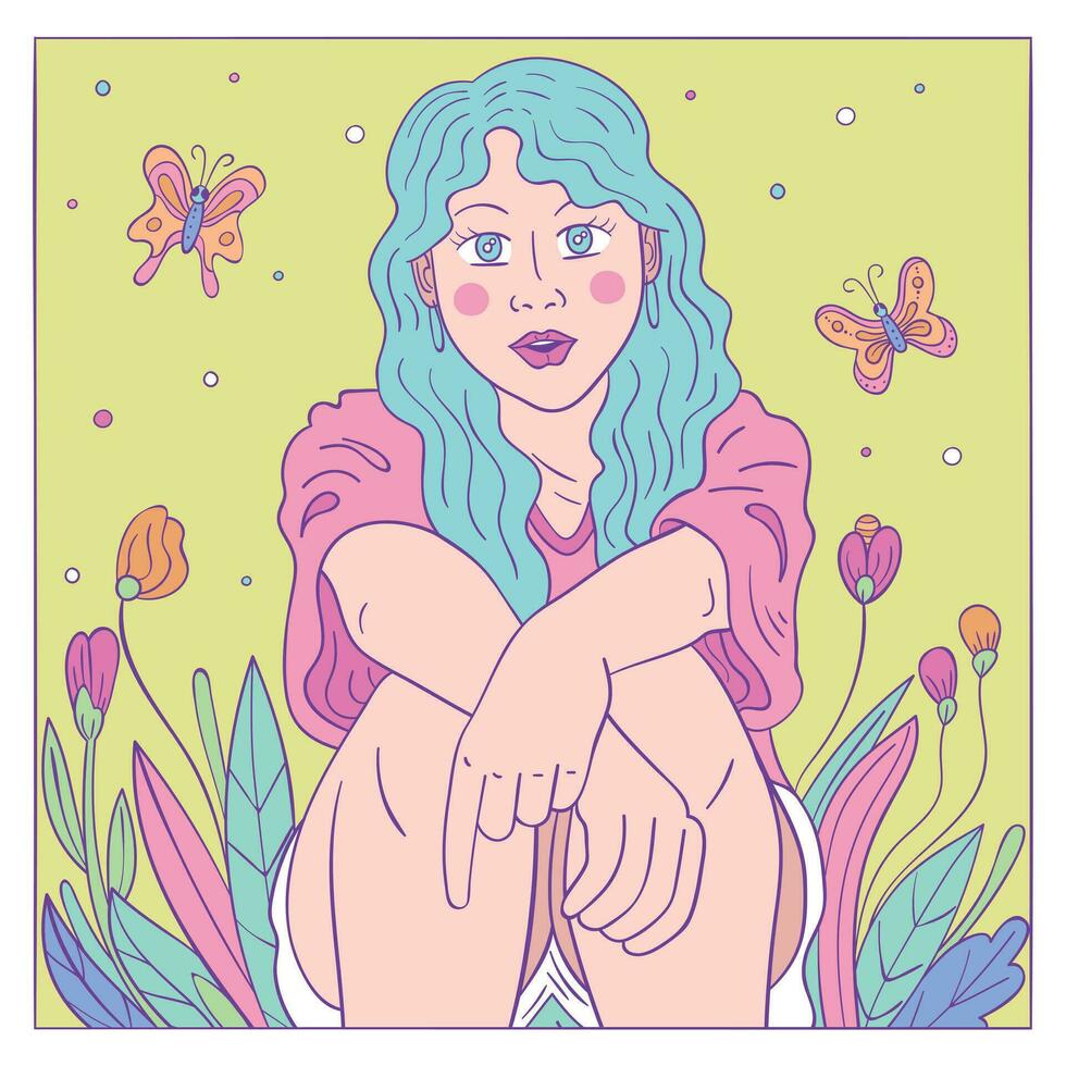 colorida fofa menina ilustração com flores e borboletas vetor