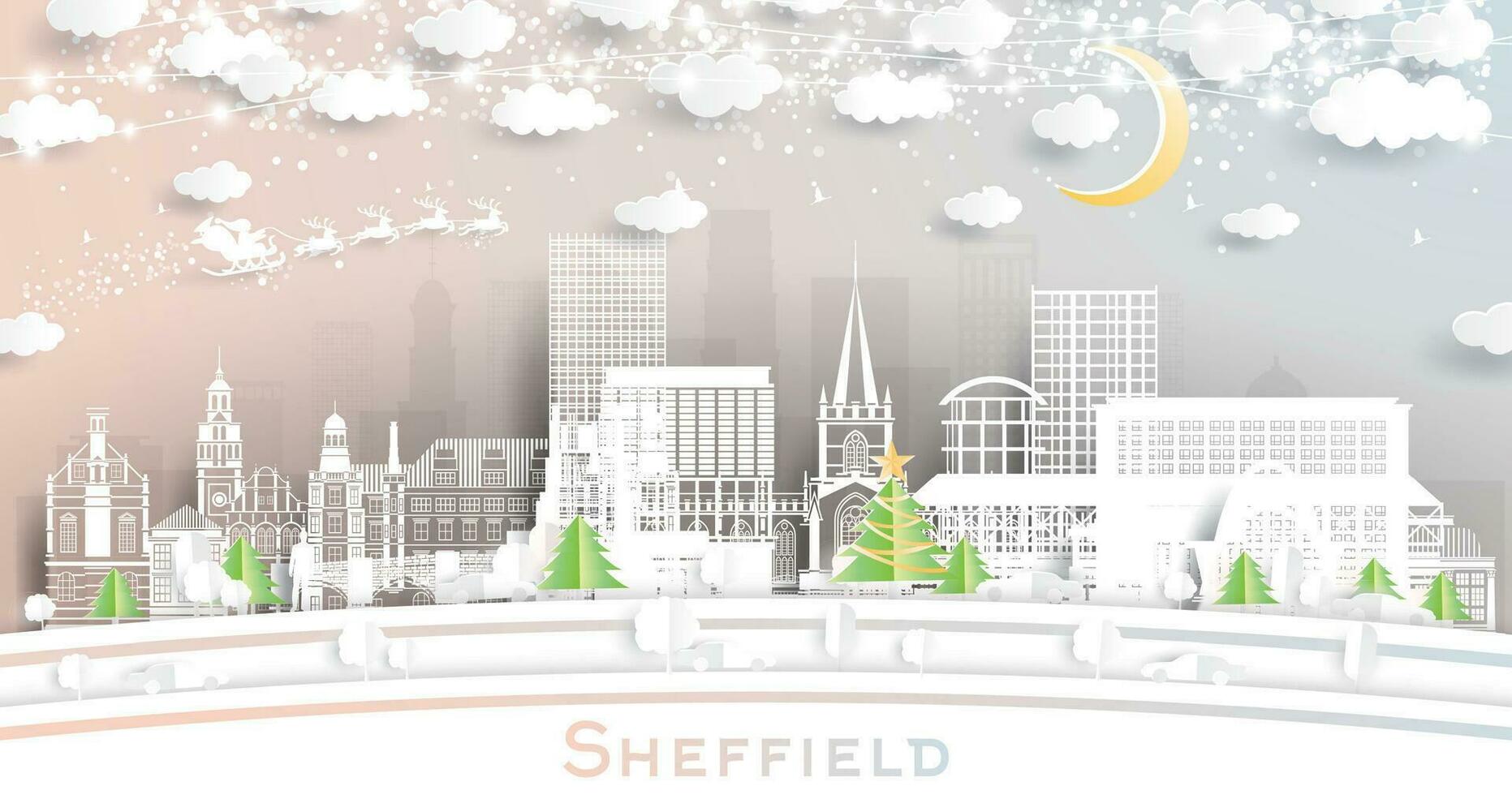 Sheffield Reino Unido. inverno cidade Horizonte dentro papel cortar estilo com flocos de neve, lua e néon festão. Natal, Novo ano conceito. santa noel. Sheffield sul yorkshire paisagem urbana com pontos de referência. vetor