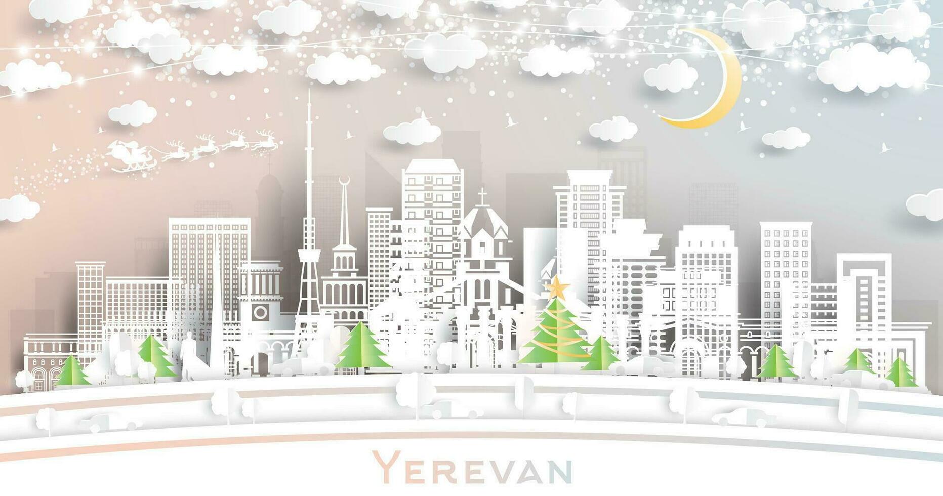 Yerevan Armênia. inverno cidade Horizonte dentro papel cortar estilo com flocos de neve, lua e néon festão. Natal e Novo ano conceito. santa noel. Yerevan paisagem urbana com pontos de referência. vetor