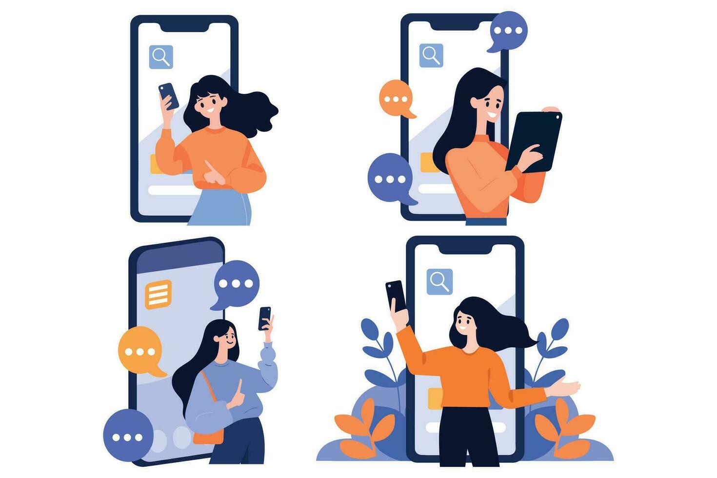 mão desenhado fêmea personagem falando com Smartphone dentro conectados comunicação conceito dentro plano estilo vetor