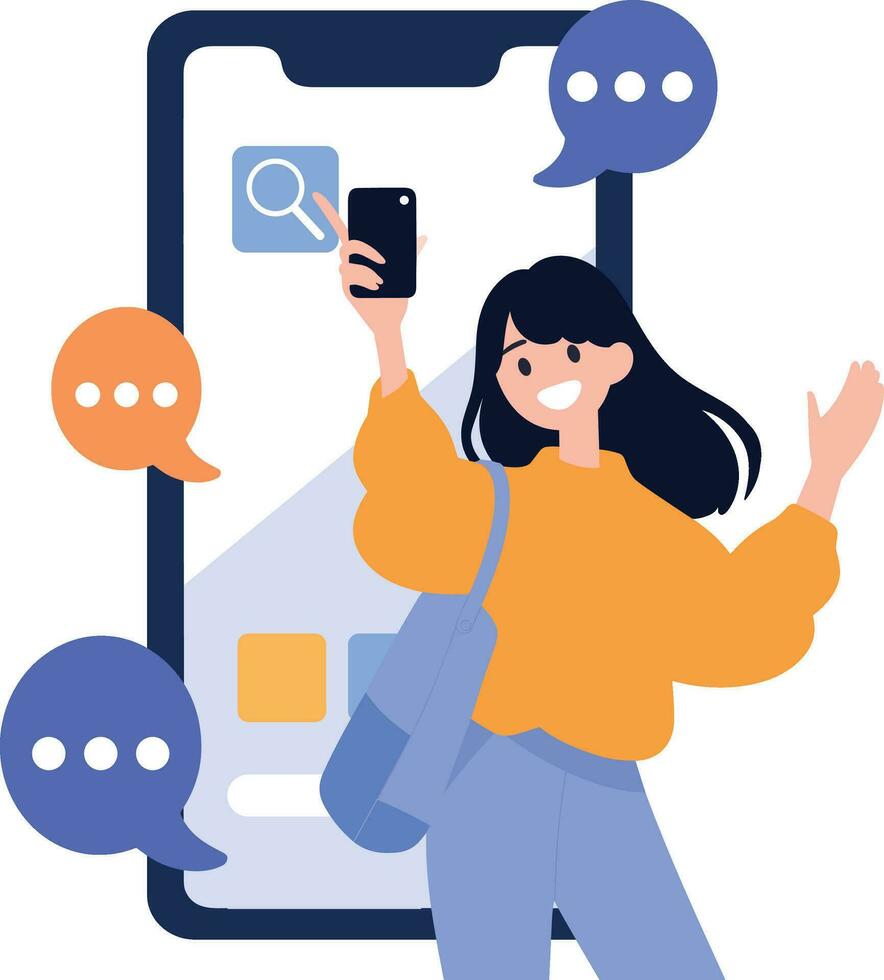 mão desenhado fêmea personagem falando com Smartphone dentro conectados comunicação conceito dentro plano estilo vetor