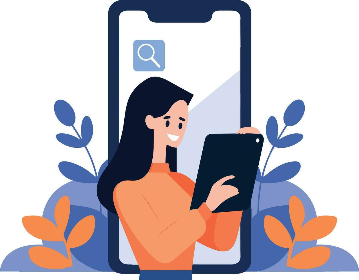 mão desenhado fêmea personagem falando com Smartphone dentro conectados comunicação conceito dentro plano estilo vetor