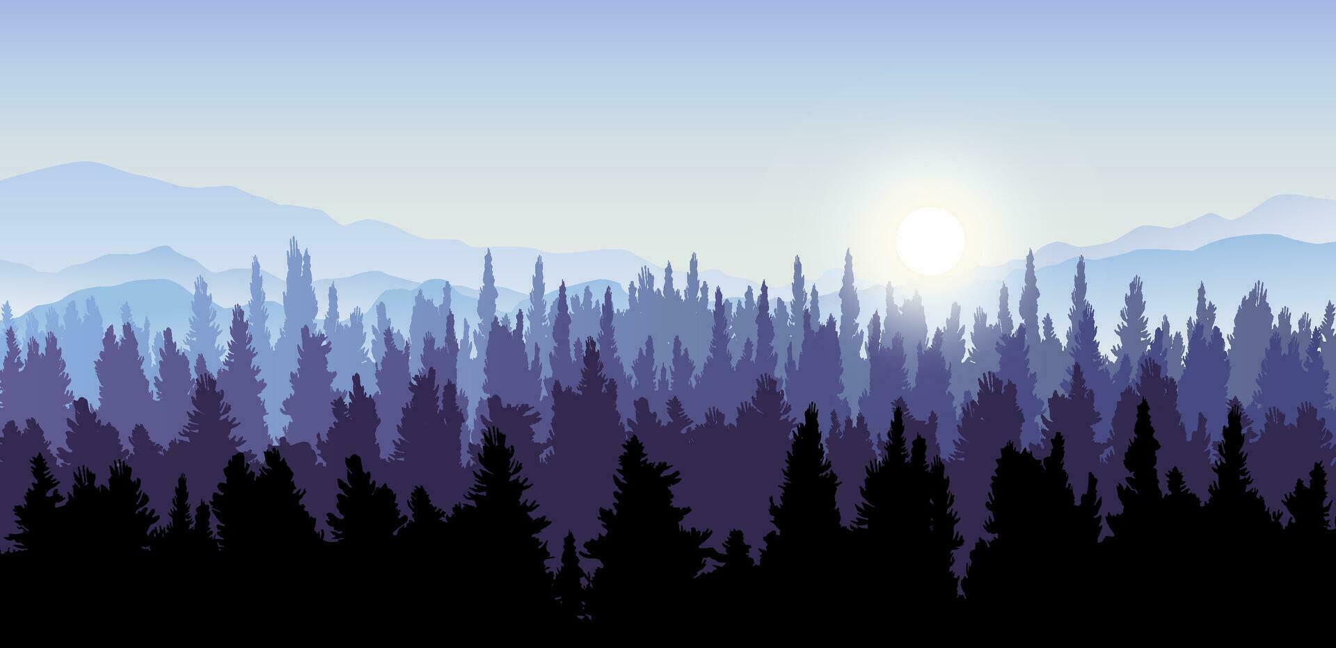vetor panorâmico panorama do floresta com roxa silhuetas do pinho árvores