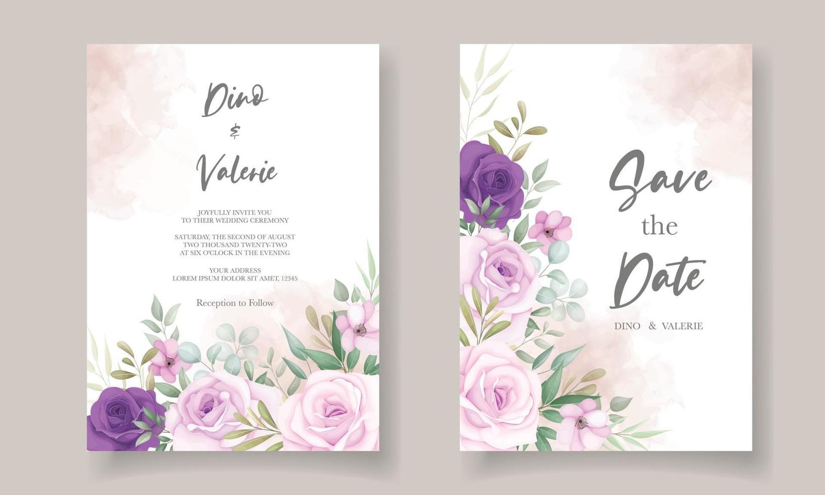 cartão de convite de casamento elegante com belas decorações florais vetor