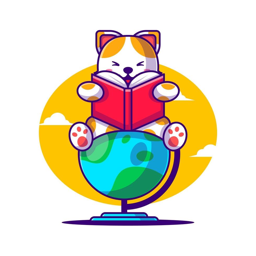 bonito dos desenhos animados de ilustrações vetoriais gato lendo um livro sobre um globo. vetor