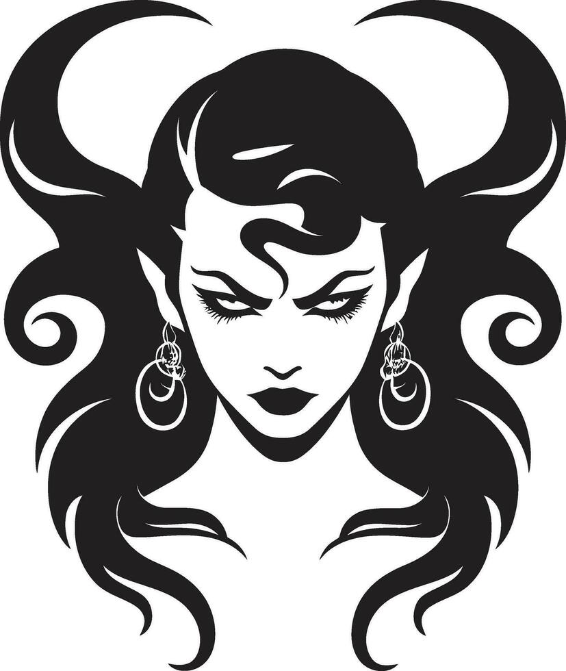 Preto e negrito lindo fêmea demônio vetor emblema icônico sedutora Preto logotipo com encantador demônio