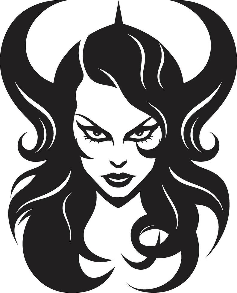 sedutor beleza Preto logotipo Projeto com demônio ícone Preto e negrito lindo fêmea demônio vetor emblema