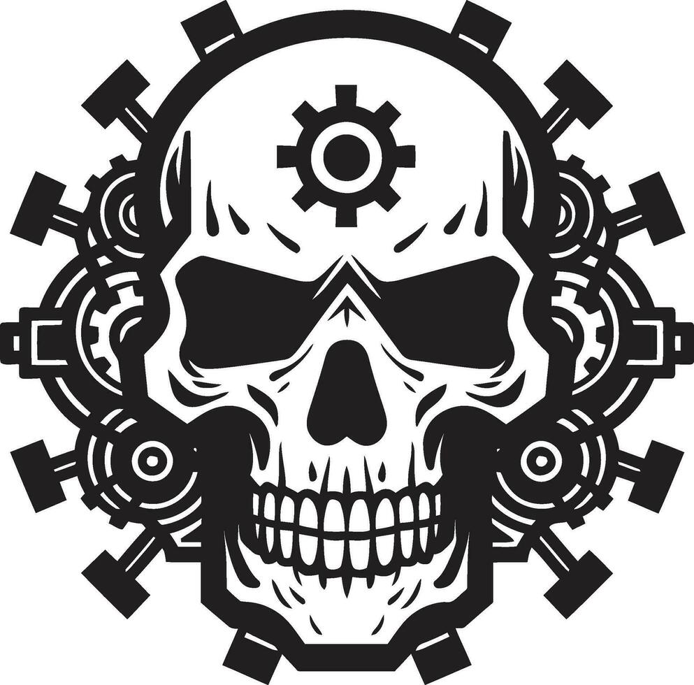 majestoso Preto crânio emblema uma Eterno fusão do tecnologia cibernético arte a visão do mecânico evolução vetor
