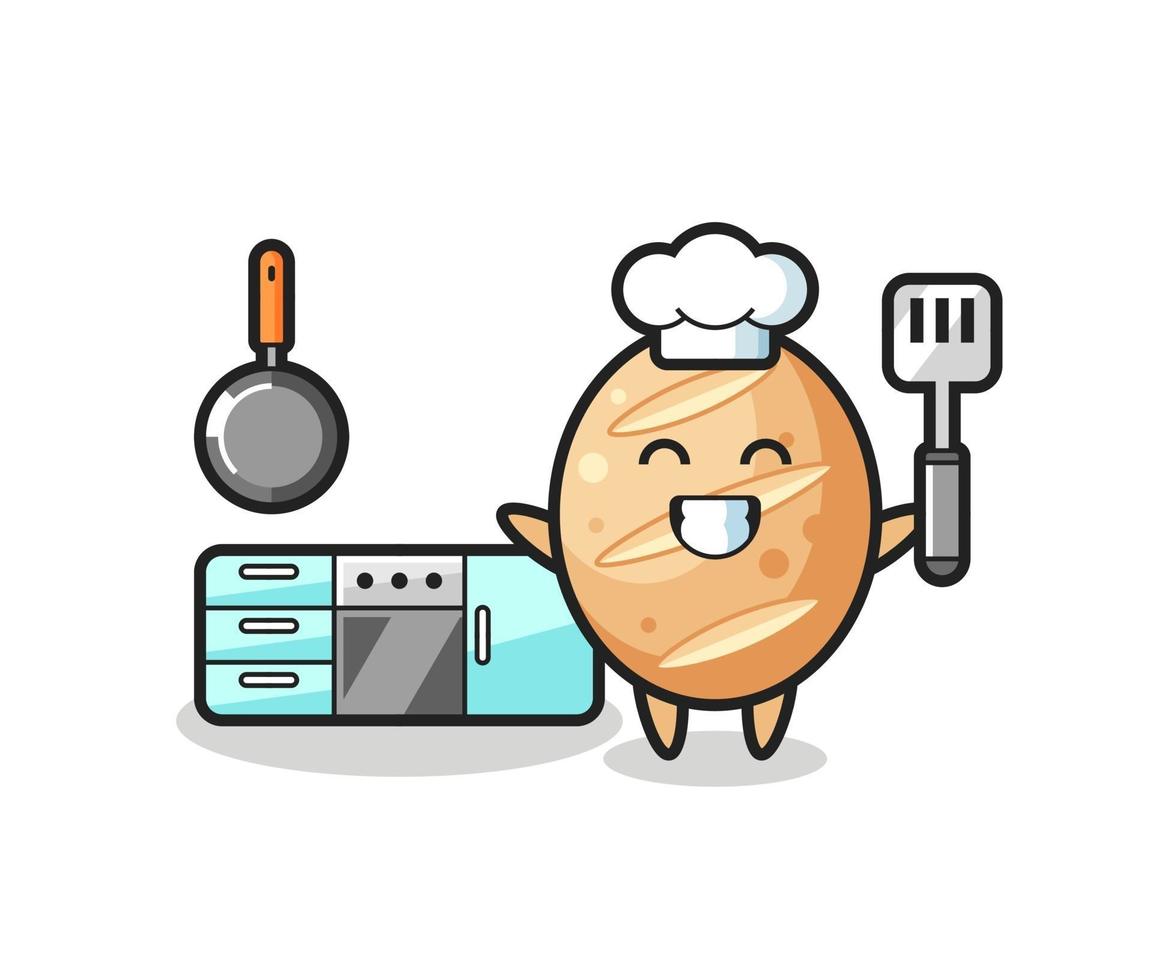 ilustração de personagem de pão francês enquanto um chef está cozinhando vetor