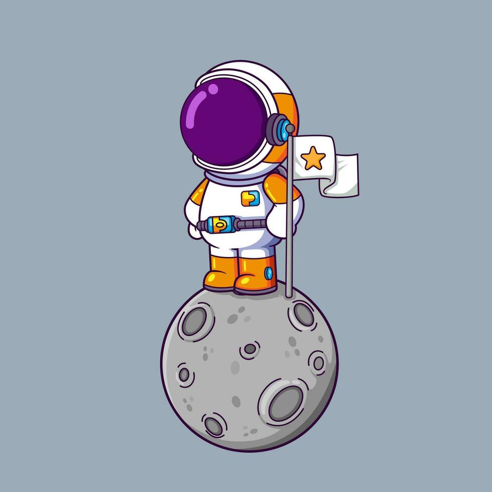 fofa astronauta segurando bandeira em lua desenho animado personagem vetor