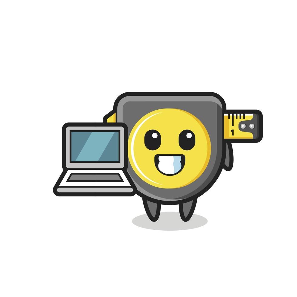 ilustração do mascote da fita métrica com um laptop vetor