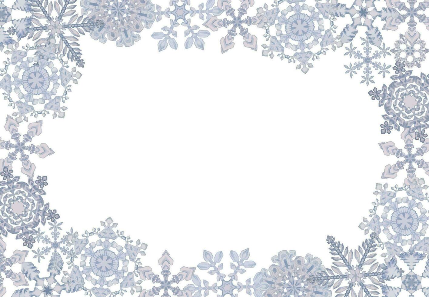 mão desenhado aguarela flocos de neve, azul e prata água gelo cristais congeladas dentro inverno. ilustração isolado fronteira quadro, branco fundo. Projeto para feriado poster, imprimir, local na rede Internet, cartão, convite vetor