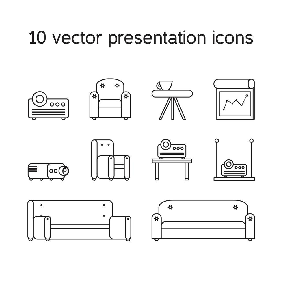 ícones de apresentação com projetor e assentos confortáveis vetor