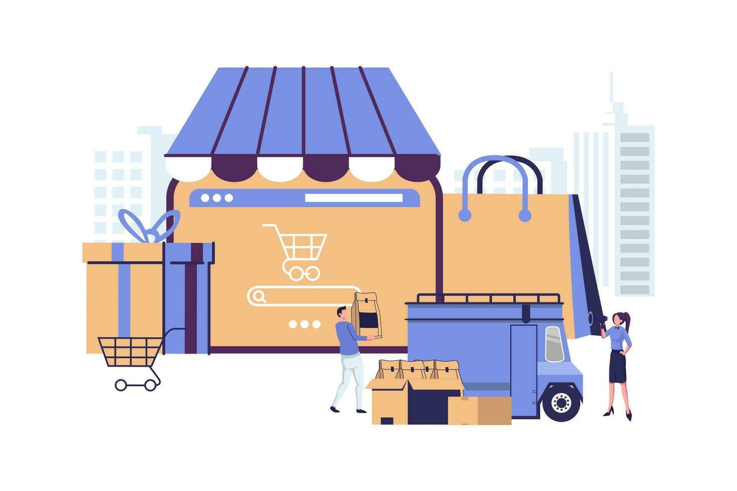 conectados fazer compras e Entrega Serviços plano vetor ilustração vetor Projeto