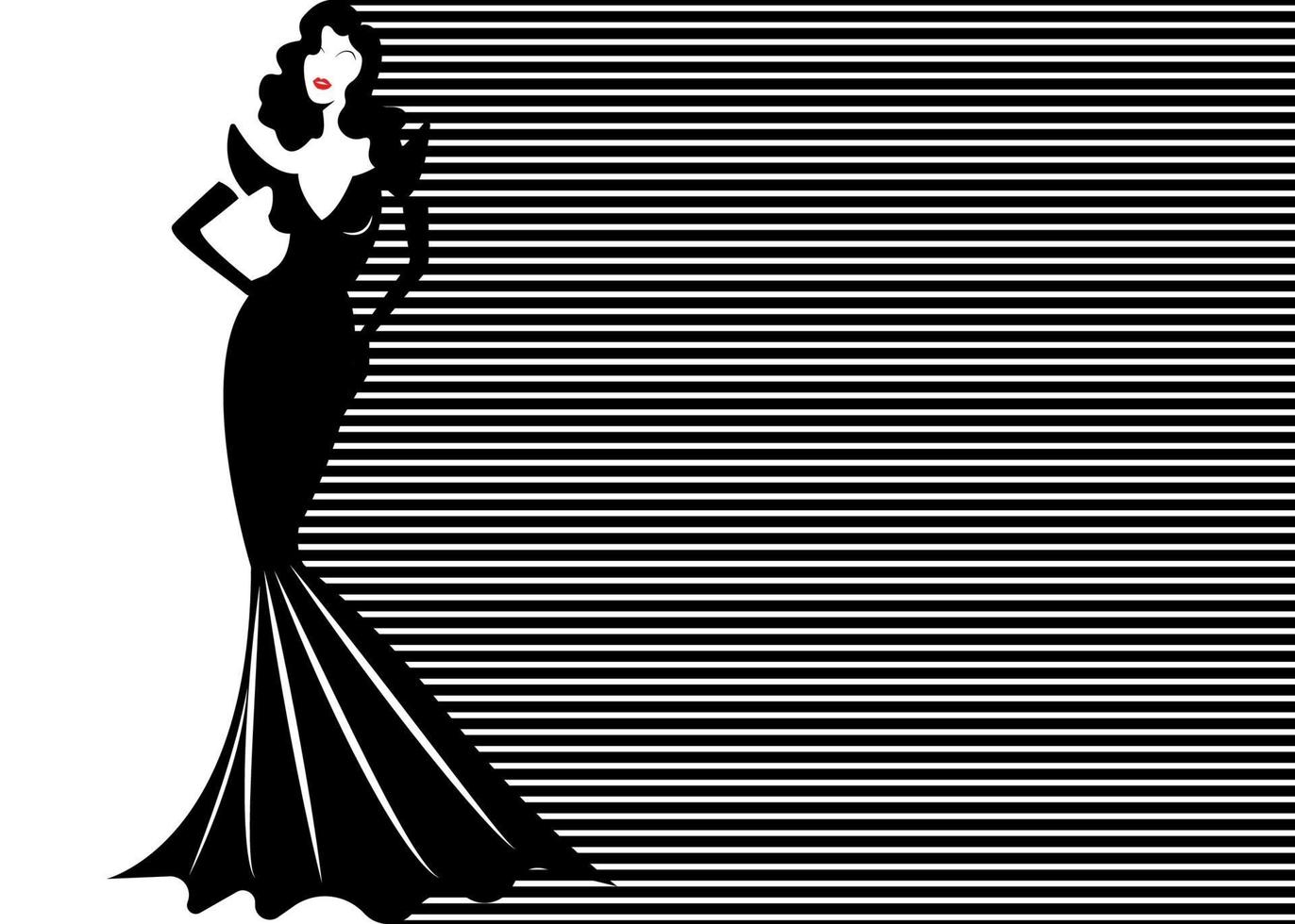 modelo em fundo listrado preto e branco, estilo moda feminina vetor