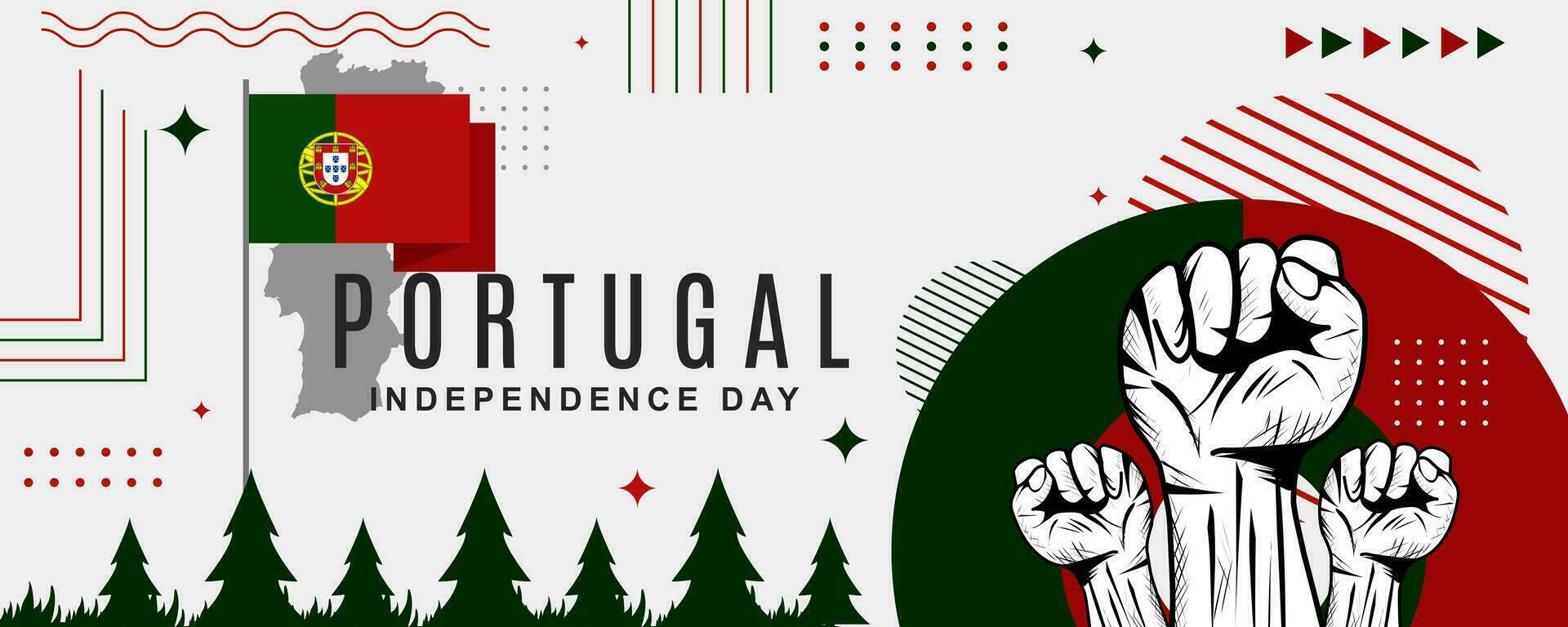 Portugal independência dia bandeira, nacional dia bandeira para Portugal com bandeira, mapas e cerrado punho, geométrico retro forma dentro vermelho e verde cores. vetor ilustração