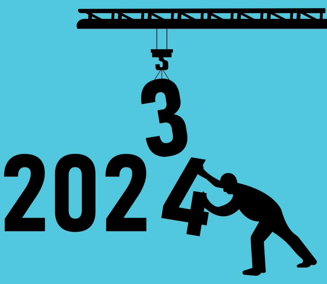 feliz Novo ano 2024 bem-vinda vetor Projeto. ano mudando a partir de 2023 para 2024. fim do 2023 e iniciando do 2024. carta 3 elevação de guindaste carta 4 empurrando de uma cara. construção guindastes com números 2024