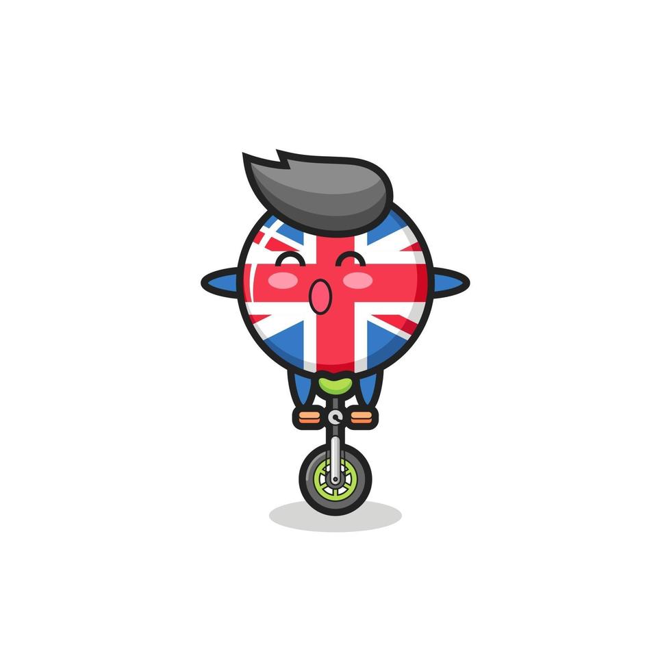 a fofa personagem do distintivo da bandeira do Reino Unido está andando de bicicleta de circo vetor