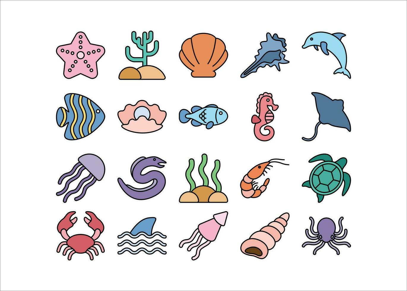 mar animal ícone definir, oceano elemento colori vetor gráfico