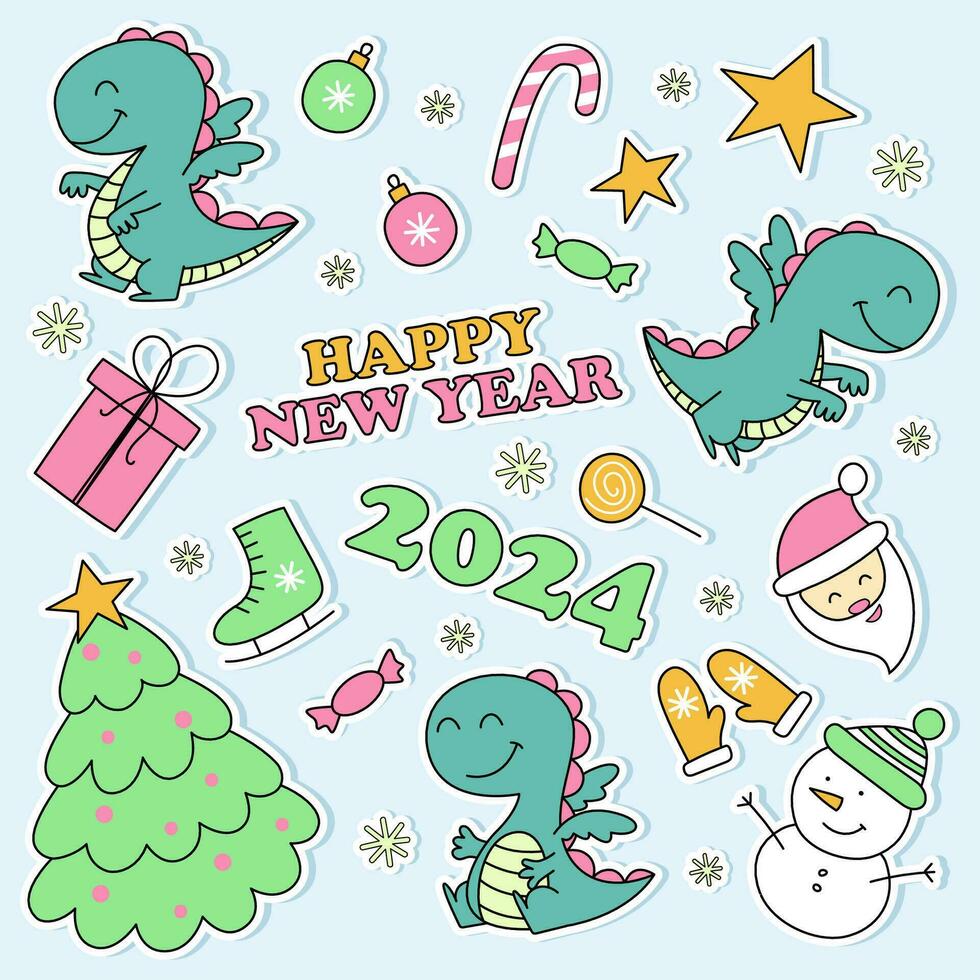 Novo anos conjunto do adesivos com verde dragões. chinês Novo ano 2024 vetor