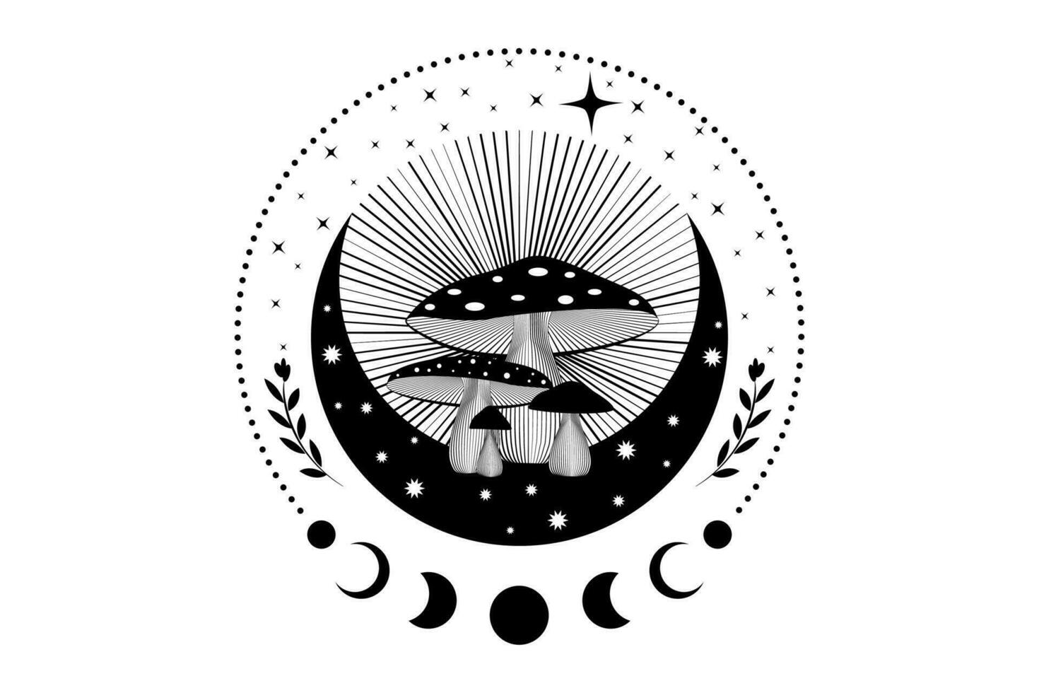 xamânico Magia cogumelos, místico amanita muscaria com lua fases e estrelas. feitiçaria crescente lua símbolo, bruxa esotérico fungo logotipo tatuagem. celestial wiccan clipart isolado, branco fundo vetor