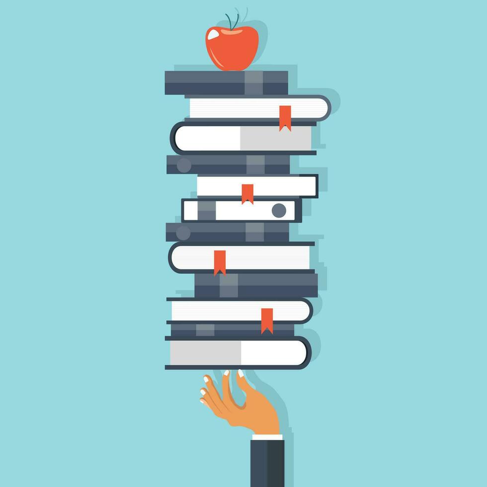 Educação e conhecimento conceito. mão segurando grupo do livros com maçã em topo. plano vetor ilustração