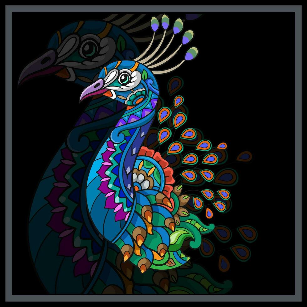 colorida pavão pássaro mandala artes isolado em Preto fundo. vetor