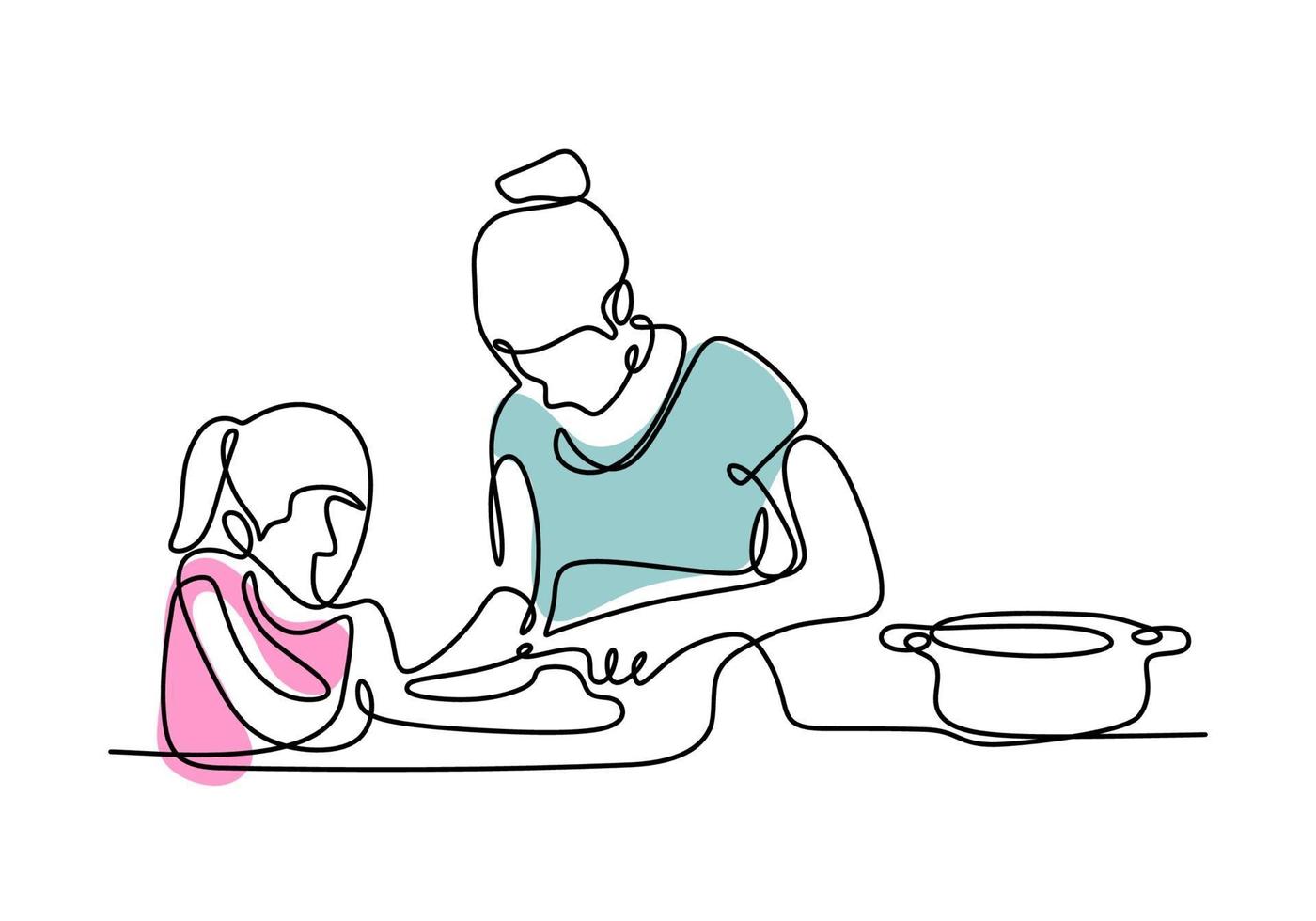 um desenho de linha contínuo de mãe e filha cozinhando uma comida. vetor