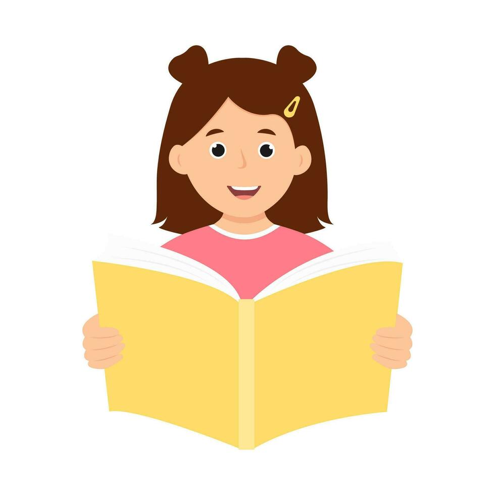 feliz criança lendo uma livro. sorridente feliz aluno segurando a aberto livro. vetor ilustração isolado