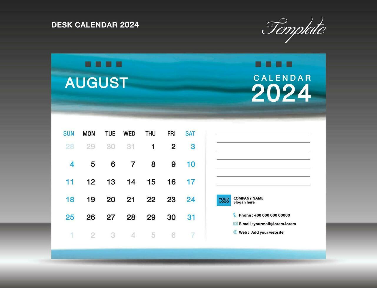 escrivaninha calendário 2024 - agosto 2024 modelo, calendário 2024 Projeto modelo, planejador, simples, parede calendário projeto, semana começa em Domingo, impressão, anúncio, azul aguarela fundo, vetor