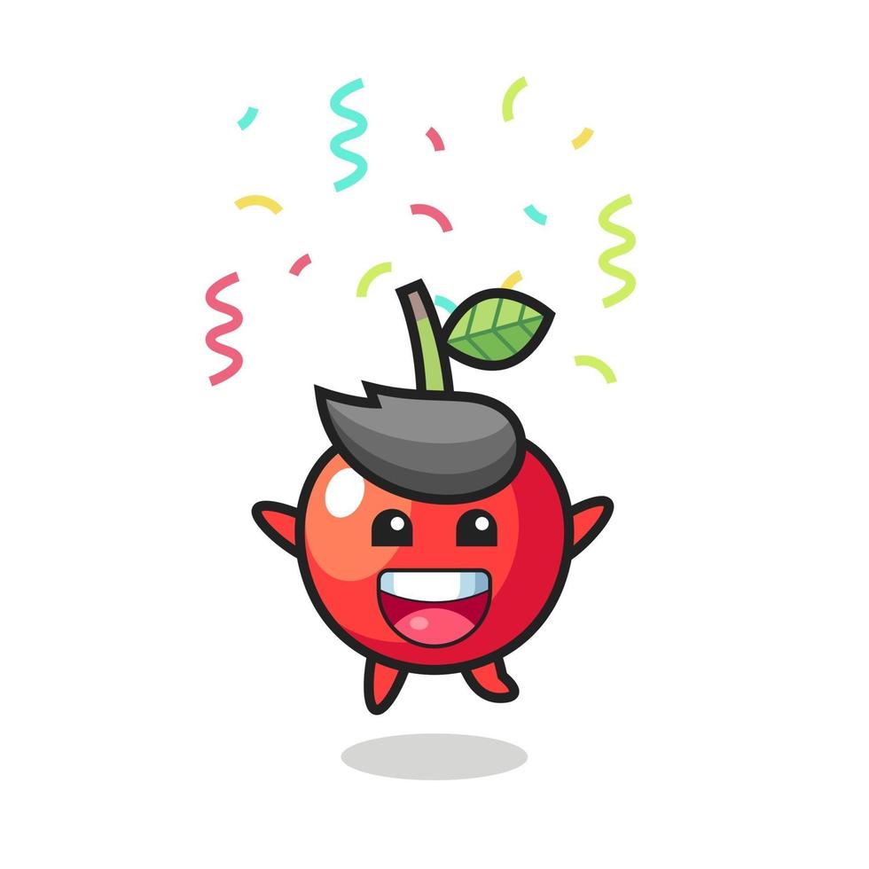 mascote cereja feliz pulando para parabéns com confete colorido vetor
