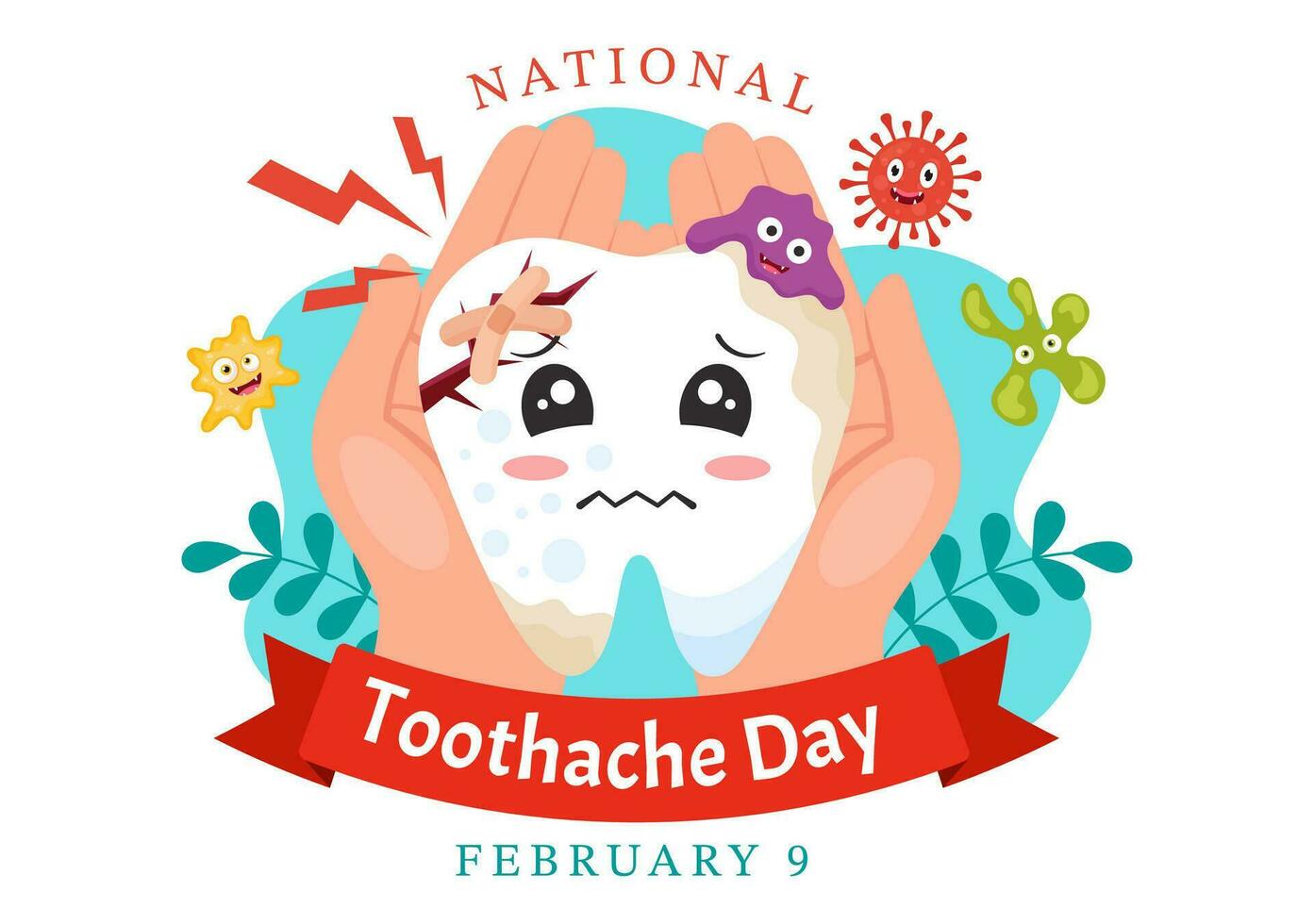 nacional dor de dente dia vetor ilustração em fevereiro 9 para dental higiene tão Como não para causa dor a partir de germes ou bactérias dentro plano fundo