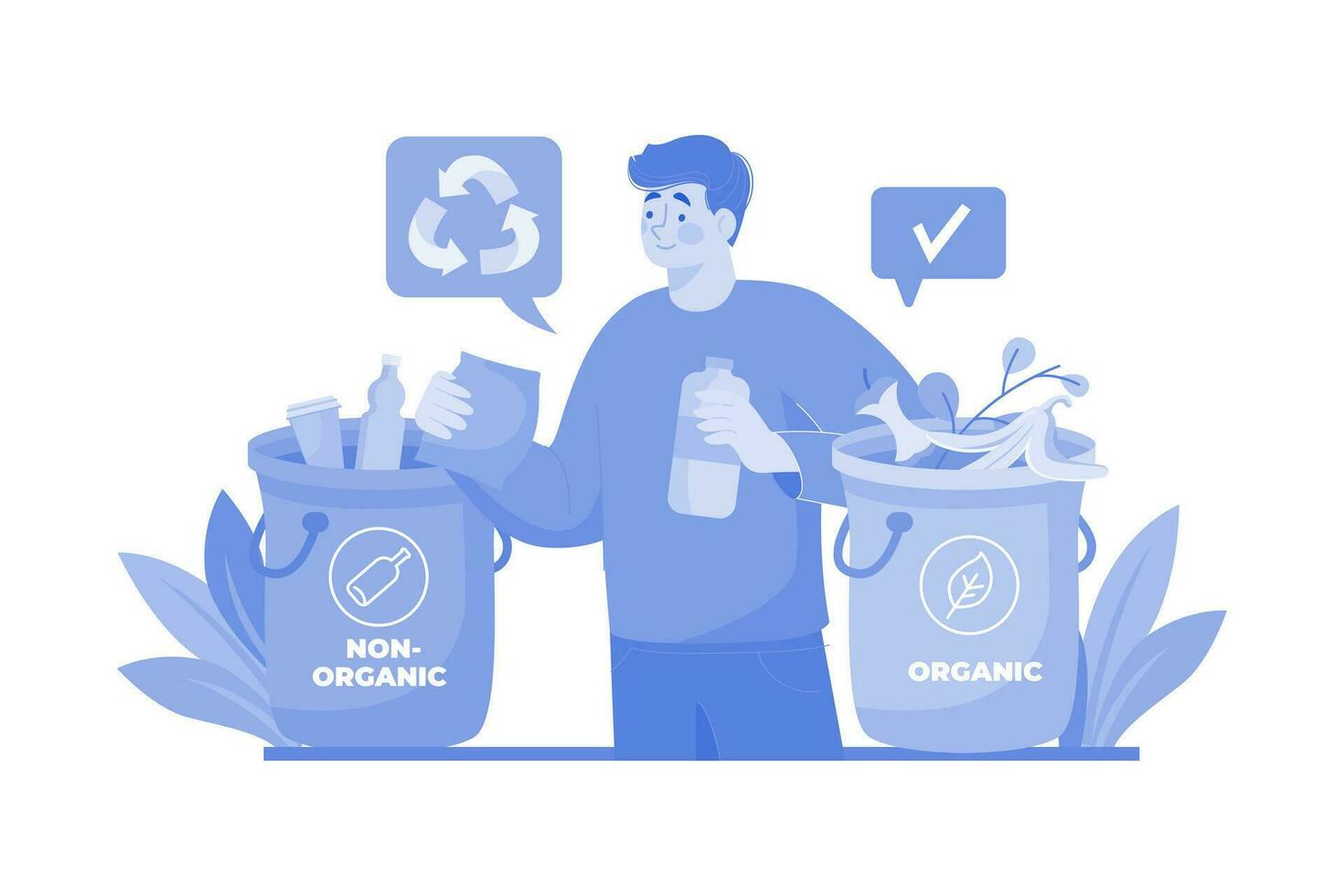 homem separando lixo orgânico e não orgânico vetor