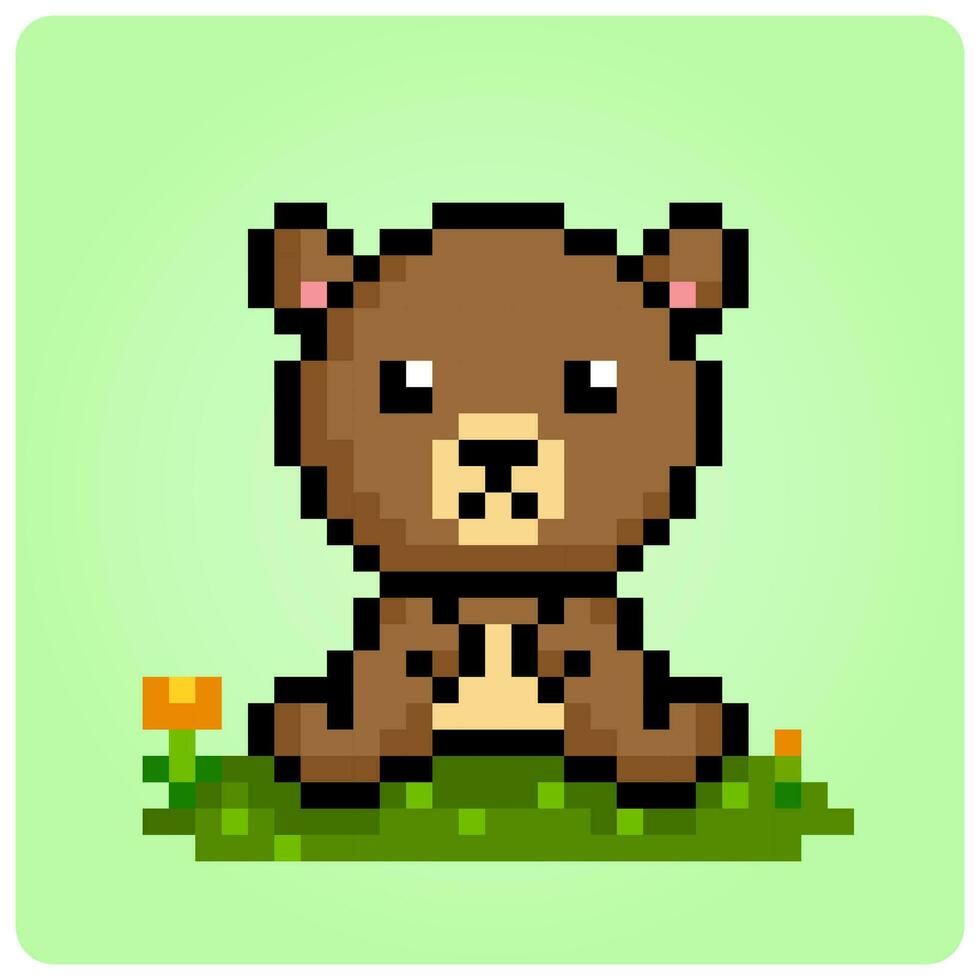 pixel urso marrom de 8 bits sentado. ativos de jogos de animais em ilustração vetorial. vetor