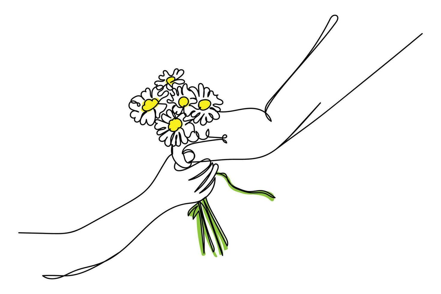 contínuo linha arte do avós mão recebendo flores a partir de neto. vetor