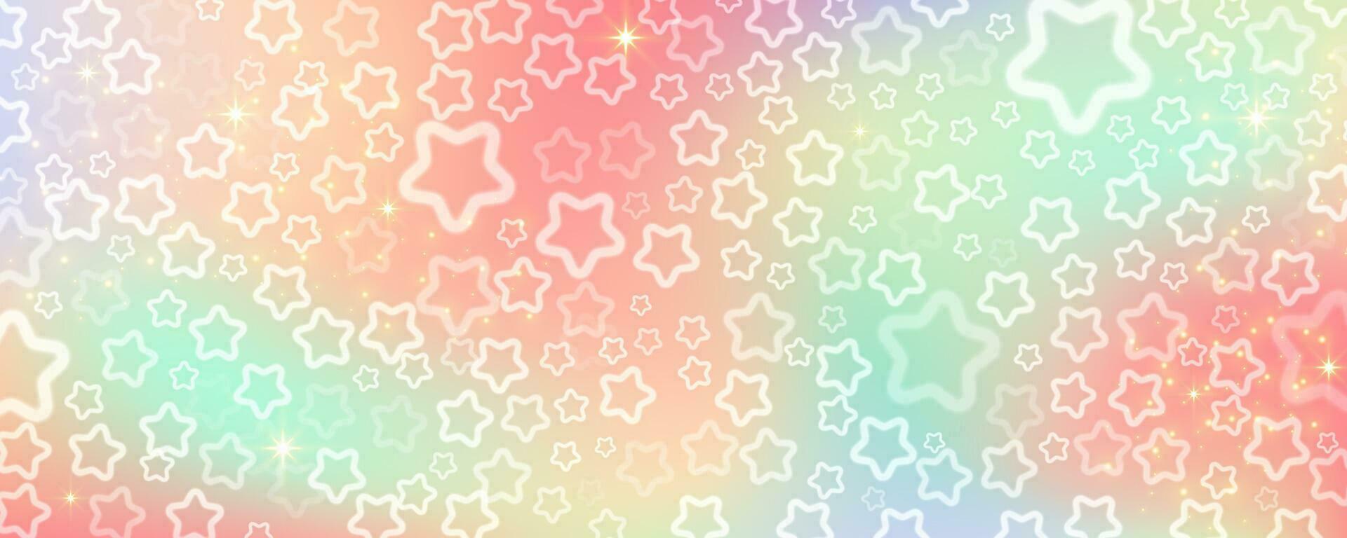 pastel céu com estrelas e bokeh. kawaii fantasia fundo. Magia brilhar espaço com iridescente textura. abstrato vetor papel de parede