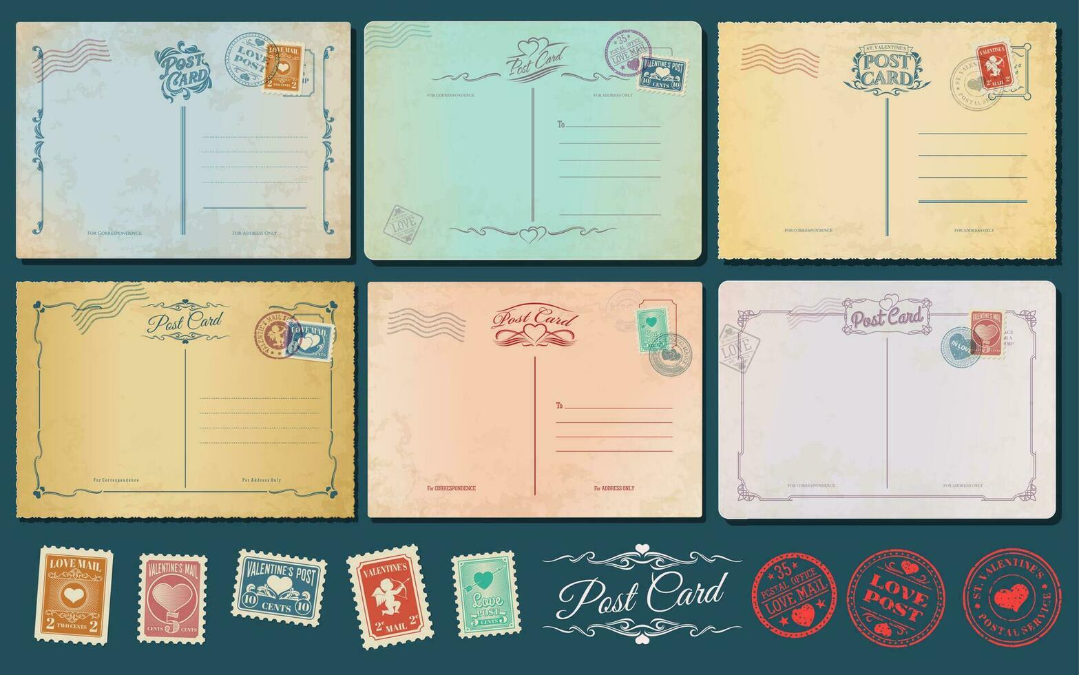 namorados dia Antiguidade cartões postais, selos e enviar vetor